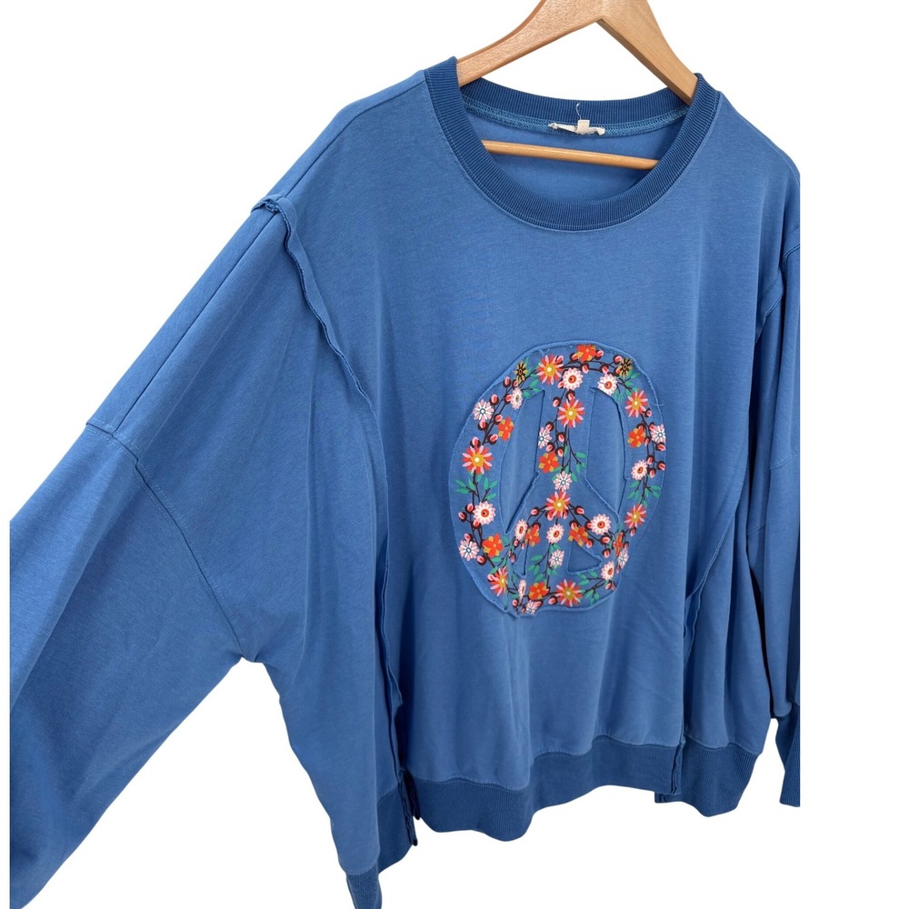 Easel  Blue‎ Floral Peace Sign Oversized Sweatshirt Women Large - Picture 2 of 7